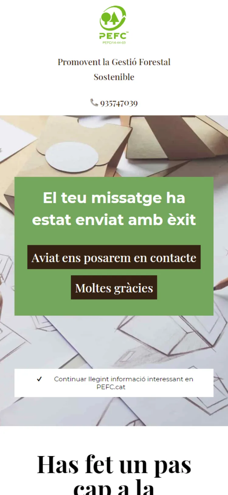 PEFC Catalunya: página de agradecimiento en el móvil