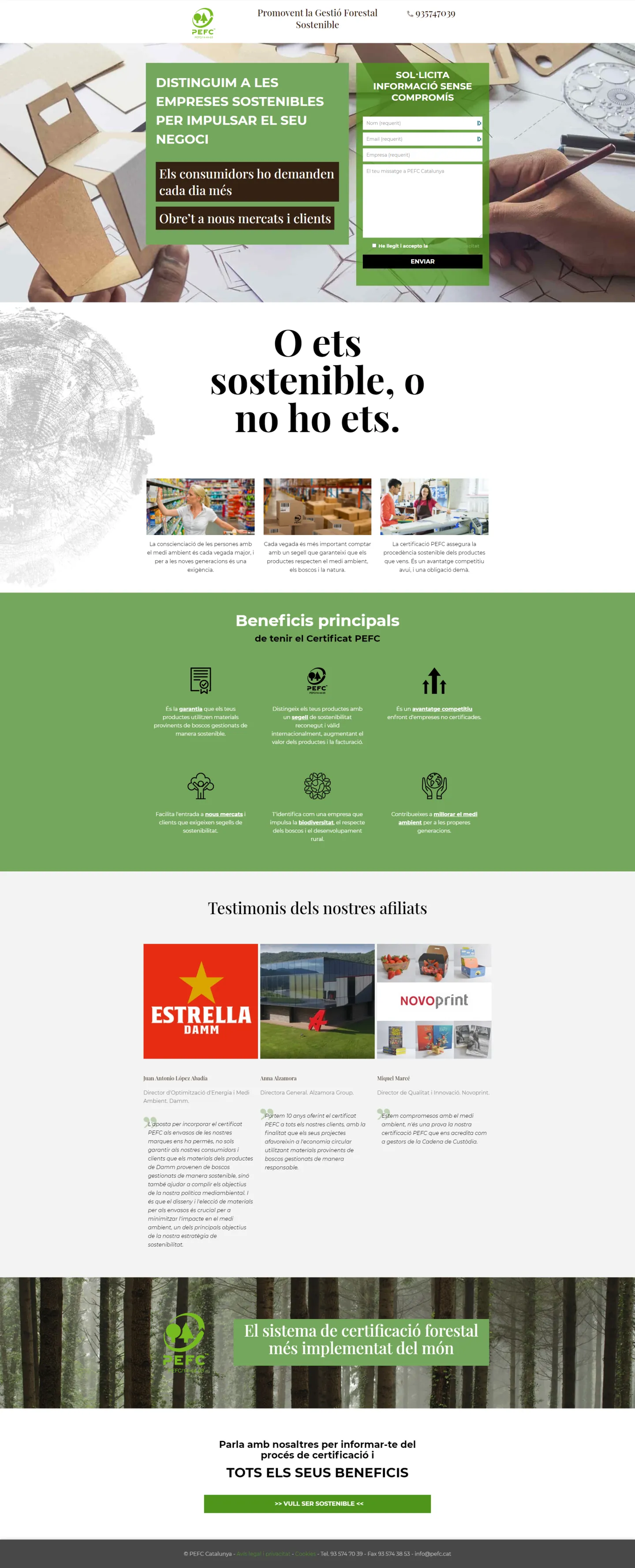PEFC Catalunya: landing de captación de empresas, con formulario, beneficios de la certificación y testimonios
