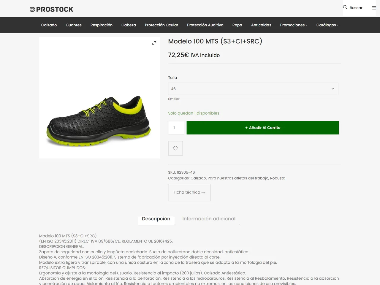 Prostock: ficha de producto de la tienda online