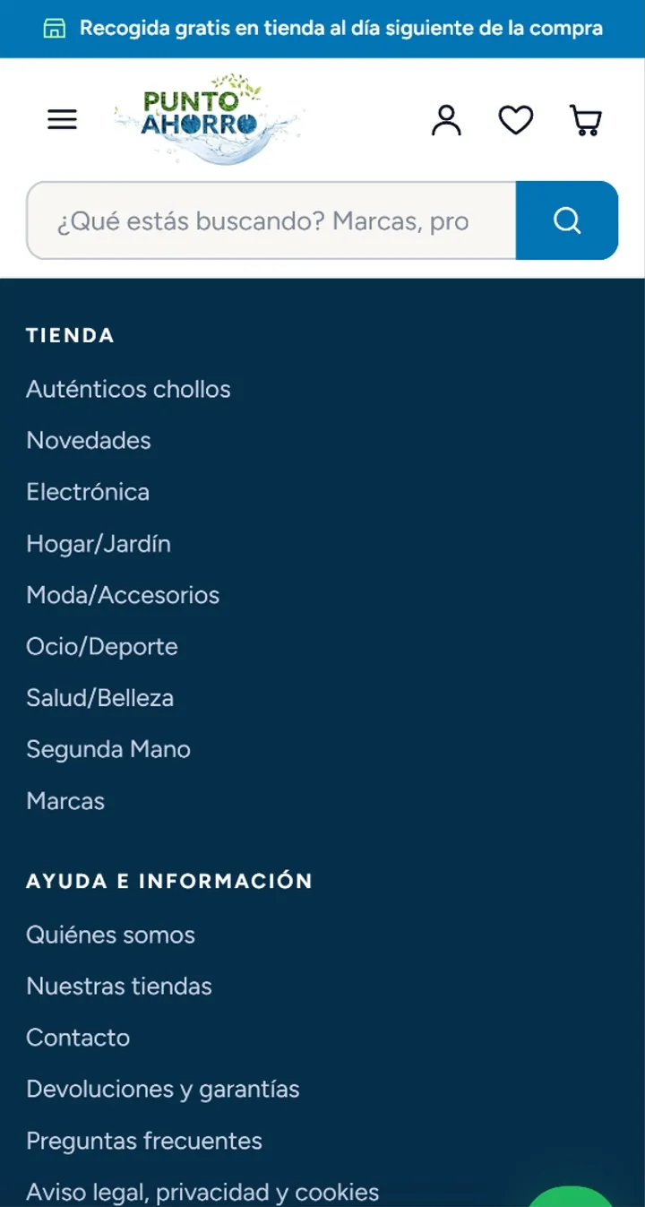 Punto Ahorro: menú de la tienda en el móvil