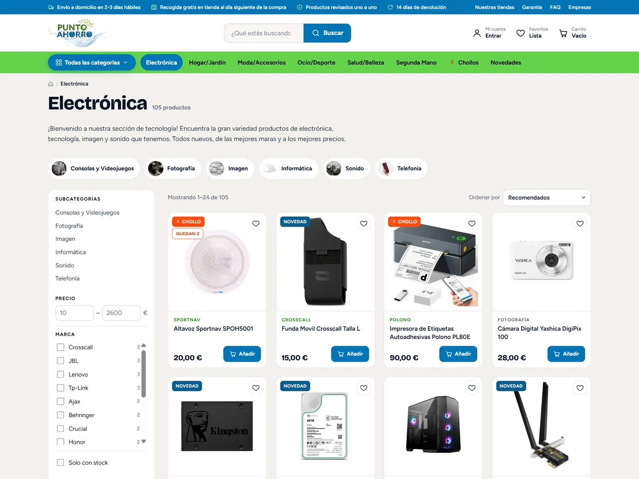 Punto Ahorro: categoría de electrónica de la tienda online