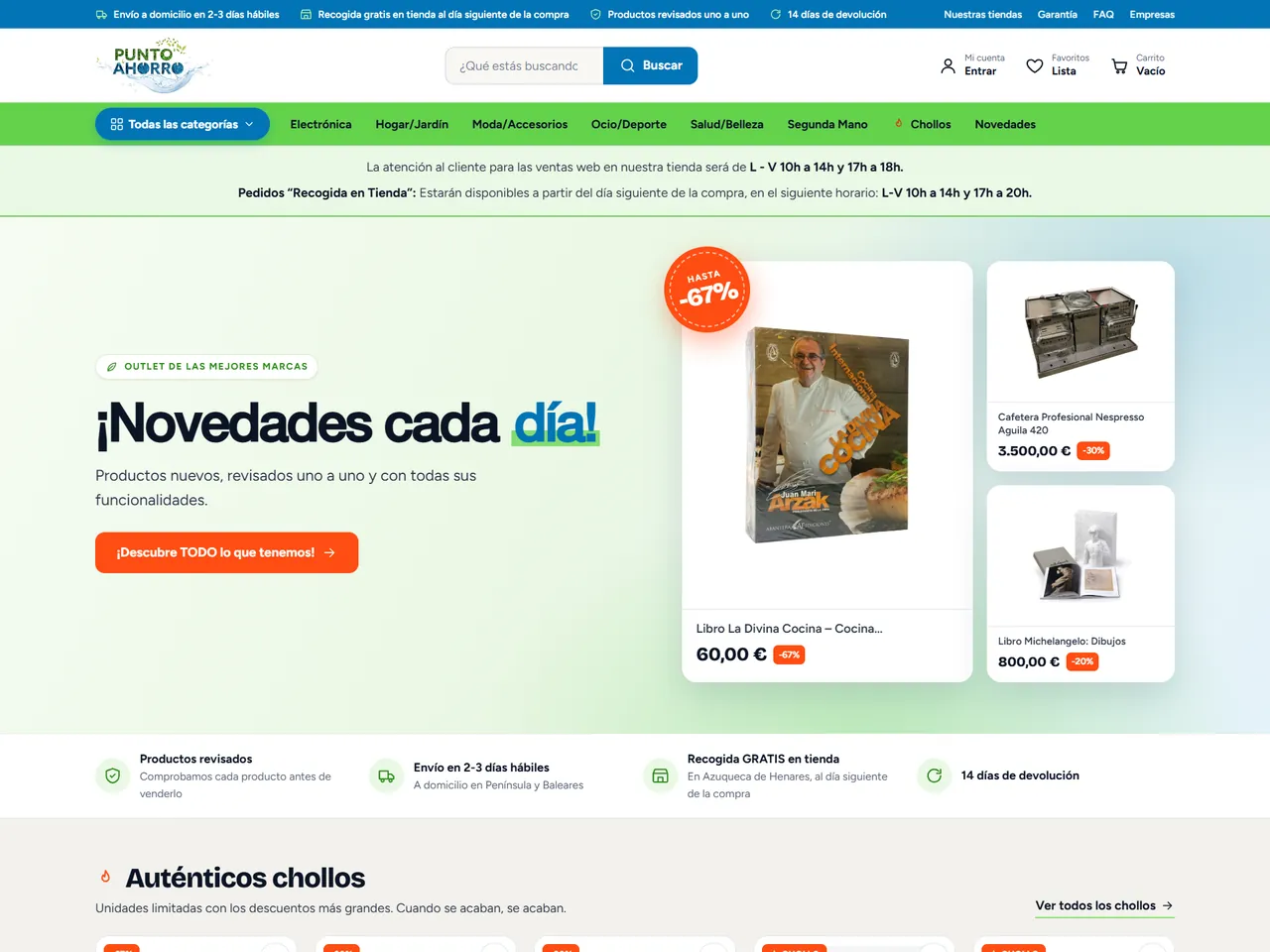 Punto Ahorro: cabecera de la página de inicio de la tienda online